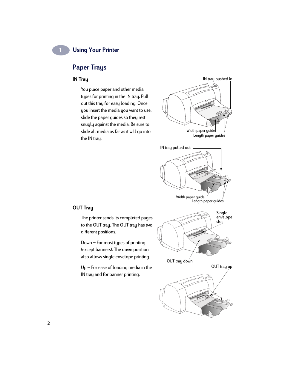 Paper trays, In tray, Out tray | Using your printer | HP Deskjet 970cxi Printer User Manual | Page 9 / 74