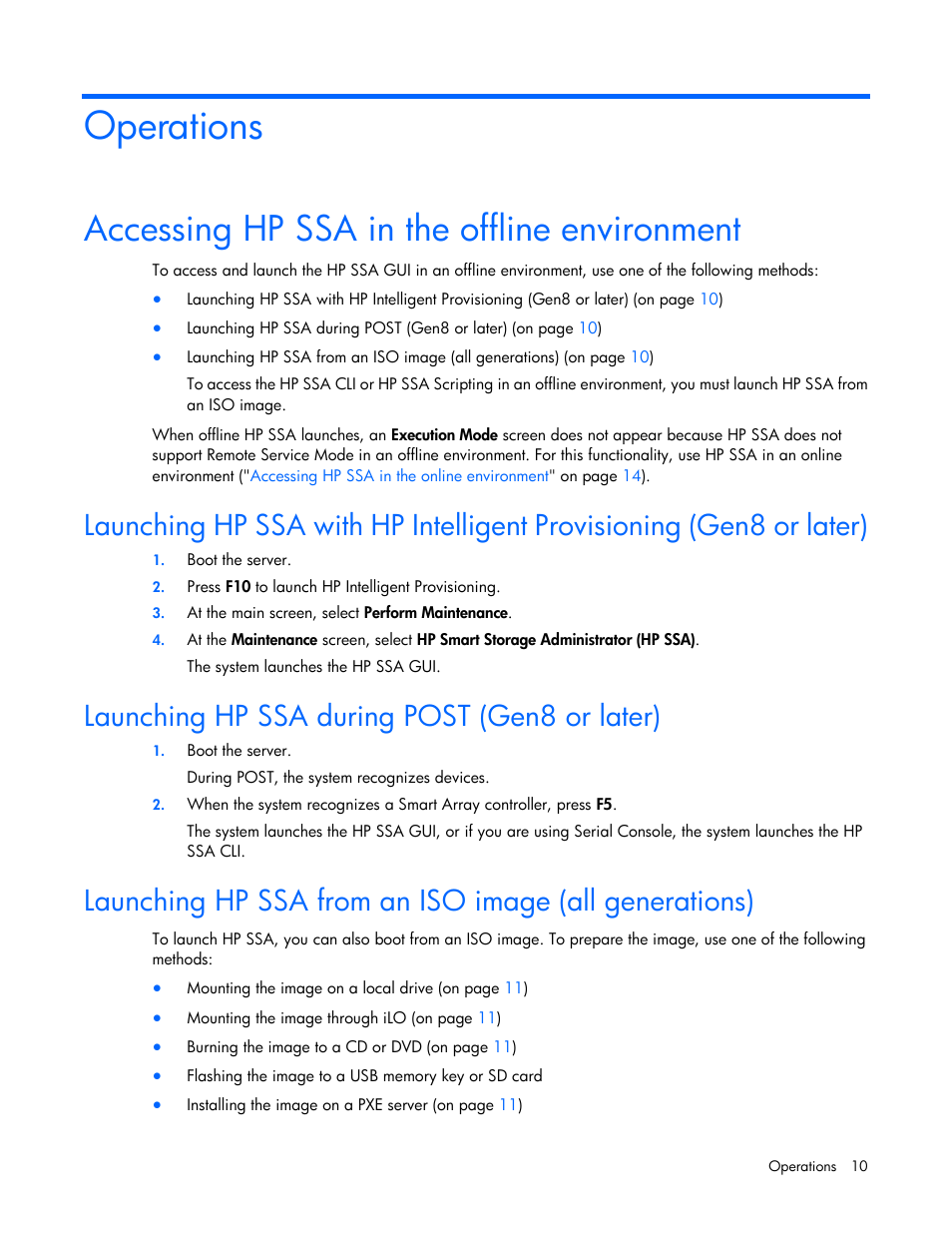 Operations, Accessing hp ssa in the offline environment, Launching hp ssa during post (gen8 or later) | HP Smart Storage Administrator User Manual | Page 10 / 127