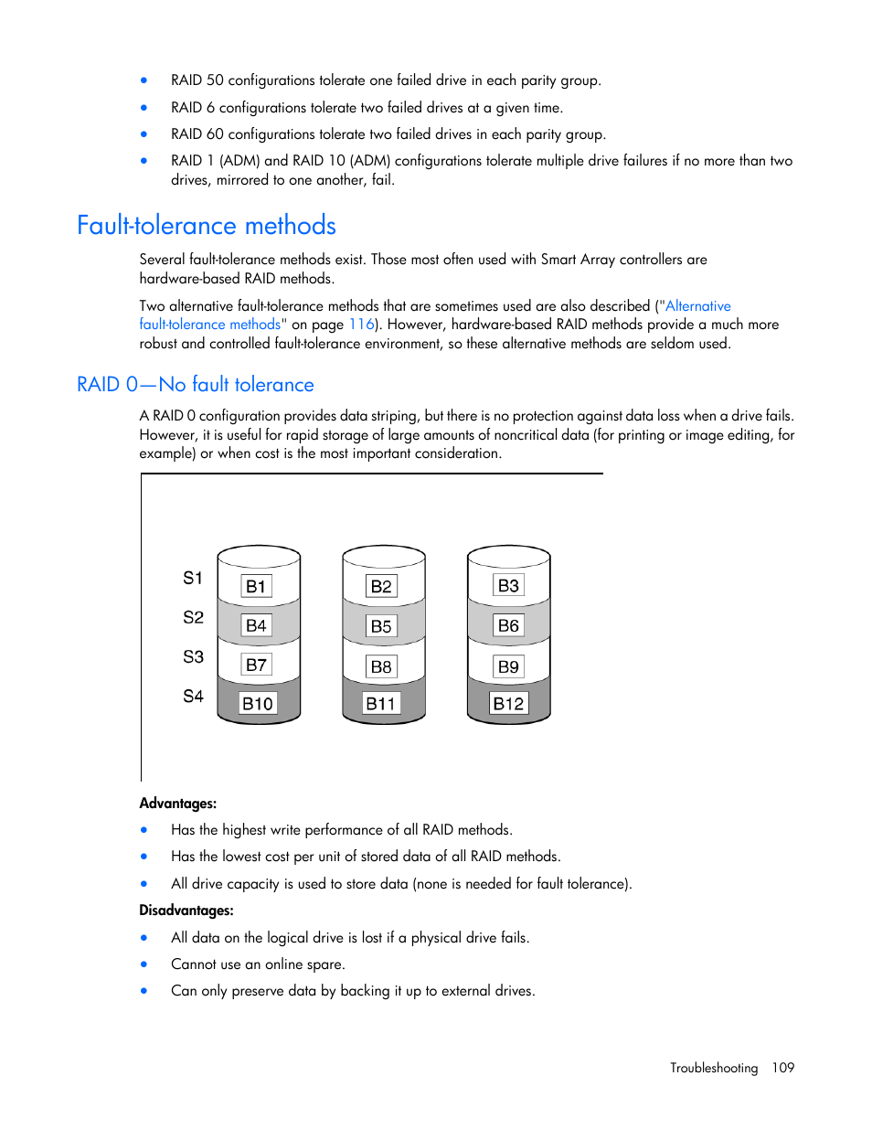 Fault-tolerance methods, Raid 0—no fault tolerance | HP Smart Storage Administrator User Manual | Page 109 / 127