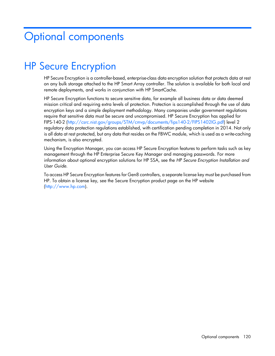 Optional components, Hp secure encryption | HP Smart Storage Administrator User Manual | Page 120 / 127