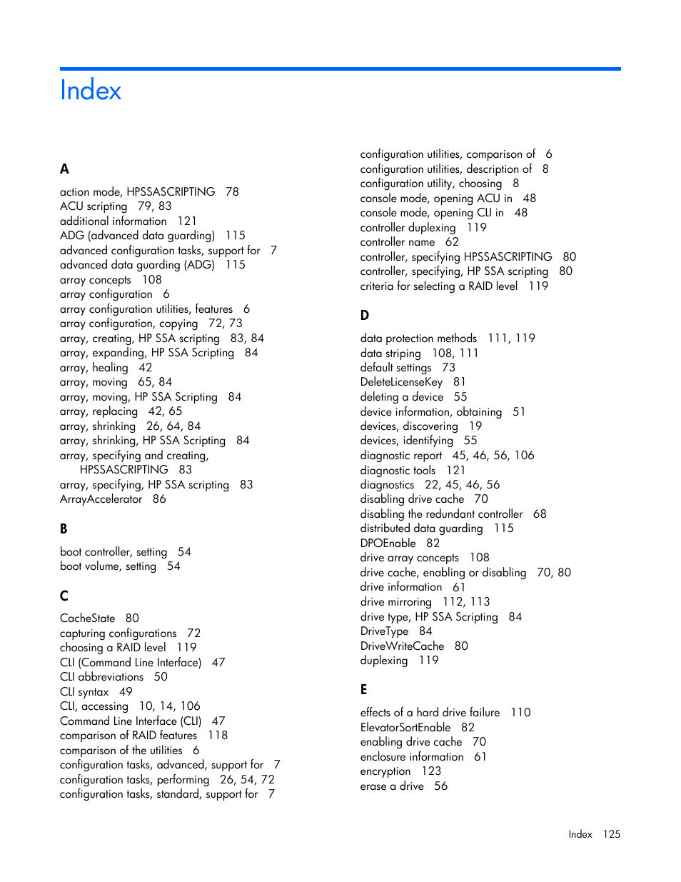 Index | HP Smart Storage Administrator User Manual | Page 125 / 127