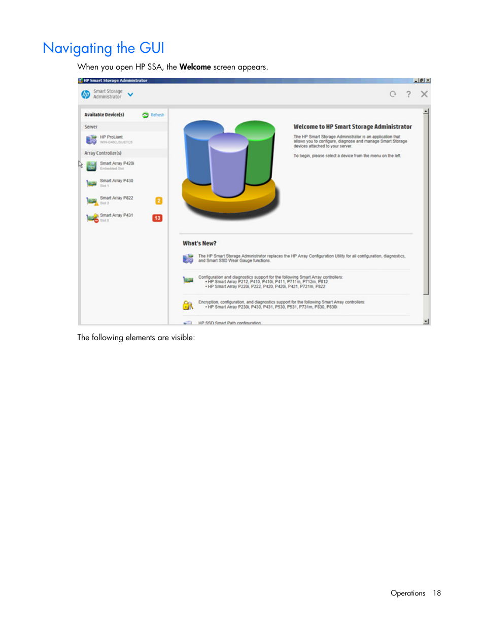 Navigating the gui | HP Smart Storage Administrator User Manual | Page 18 / 127