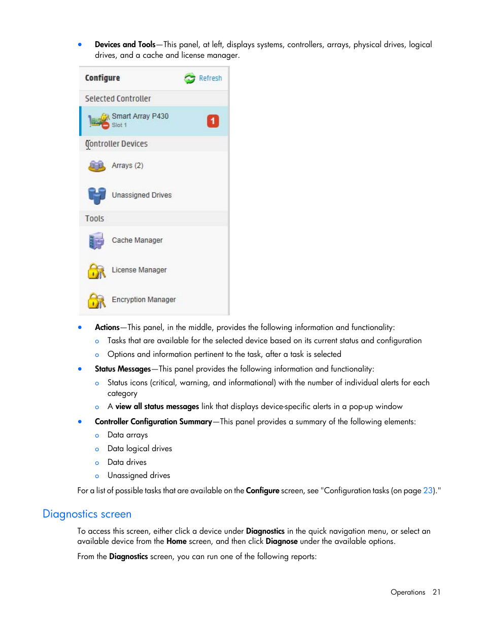 Diagnostics screen | HP Smart Storage Administrator User Manual | Page 21 / 127