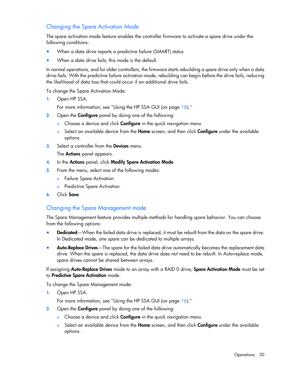 Changing the spare activation mode, Changing the spare management mode | HP Smart Storage Administrator User Manual | Page 30 / 127