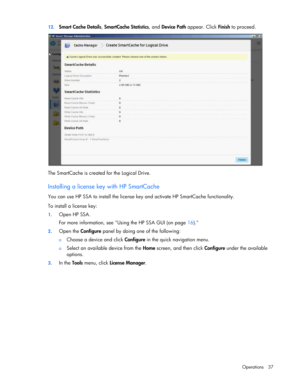 Installing a license key with hp smartcache | HP Smart Storage Administrator User Manual | Page 37 / 127