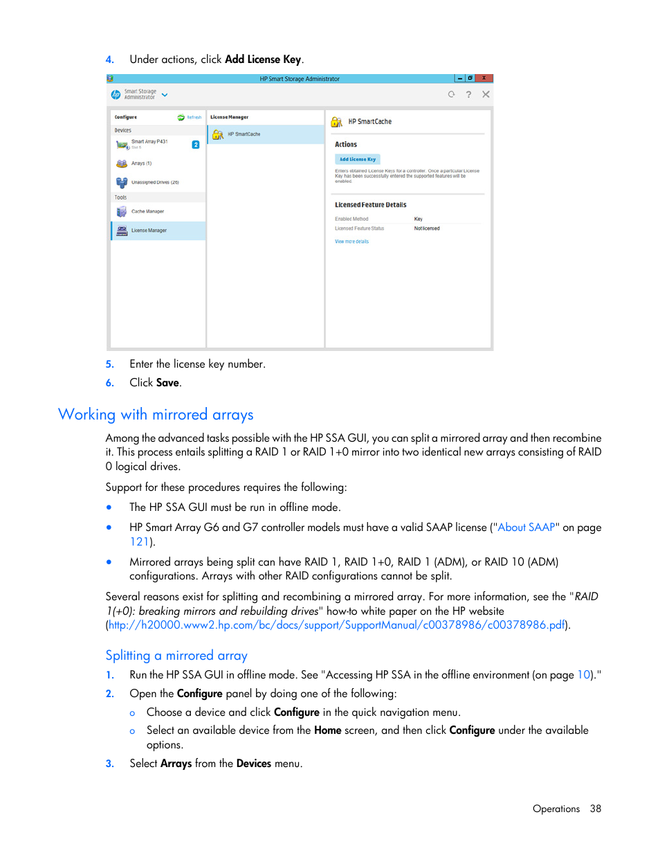 Working with mirrored arrays, Splitting a mirrored array | HP Smart Storage Administrator User Manual | Page 38 / 127