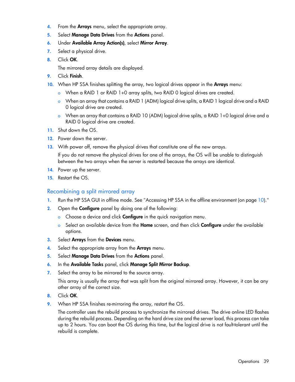 Recombining a split mirrored array | HP Smart Storage Administrator User Manual | Page 39 / 127