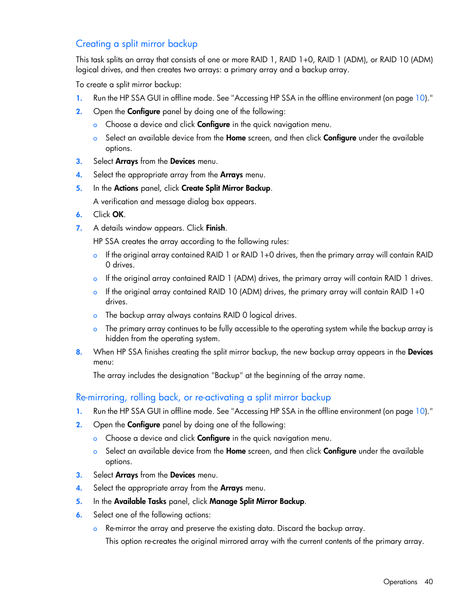 Creating a split mirror backup | HP Smart Storage Administrator User Manual | Page 40 / 127