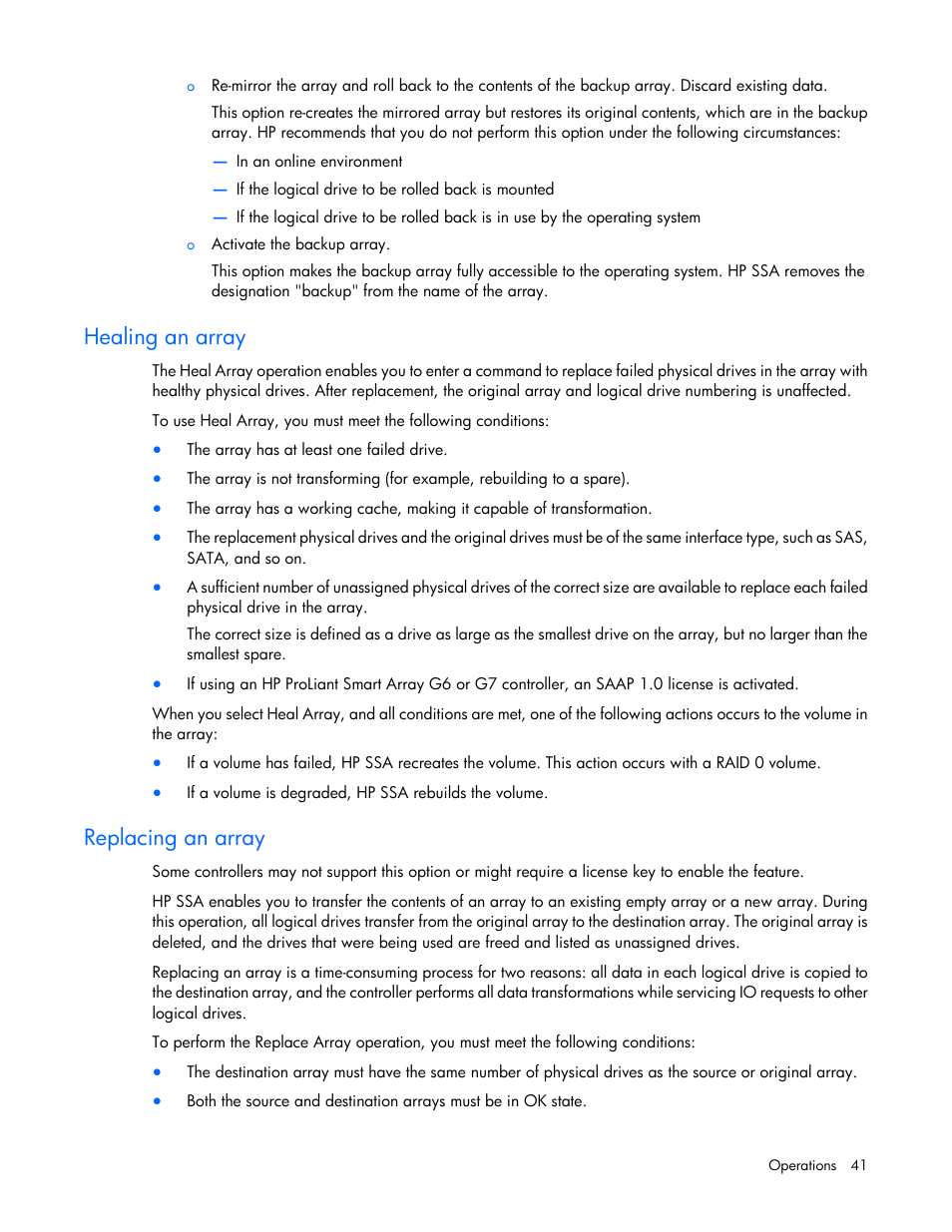 Healing an array, Replacing an array | HP Smart Storage Administrator User Manual | Page 41 / 127