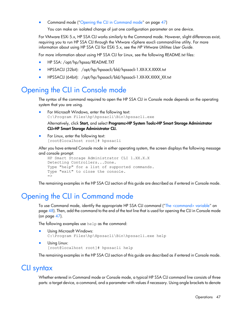 Opening the cli in console mode, Opening the cli in command mode, Cli syntax | HP Smart Storage Administrator User Manual | Page 47 / 127