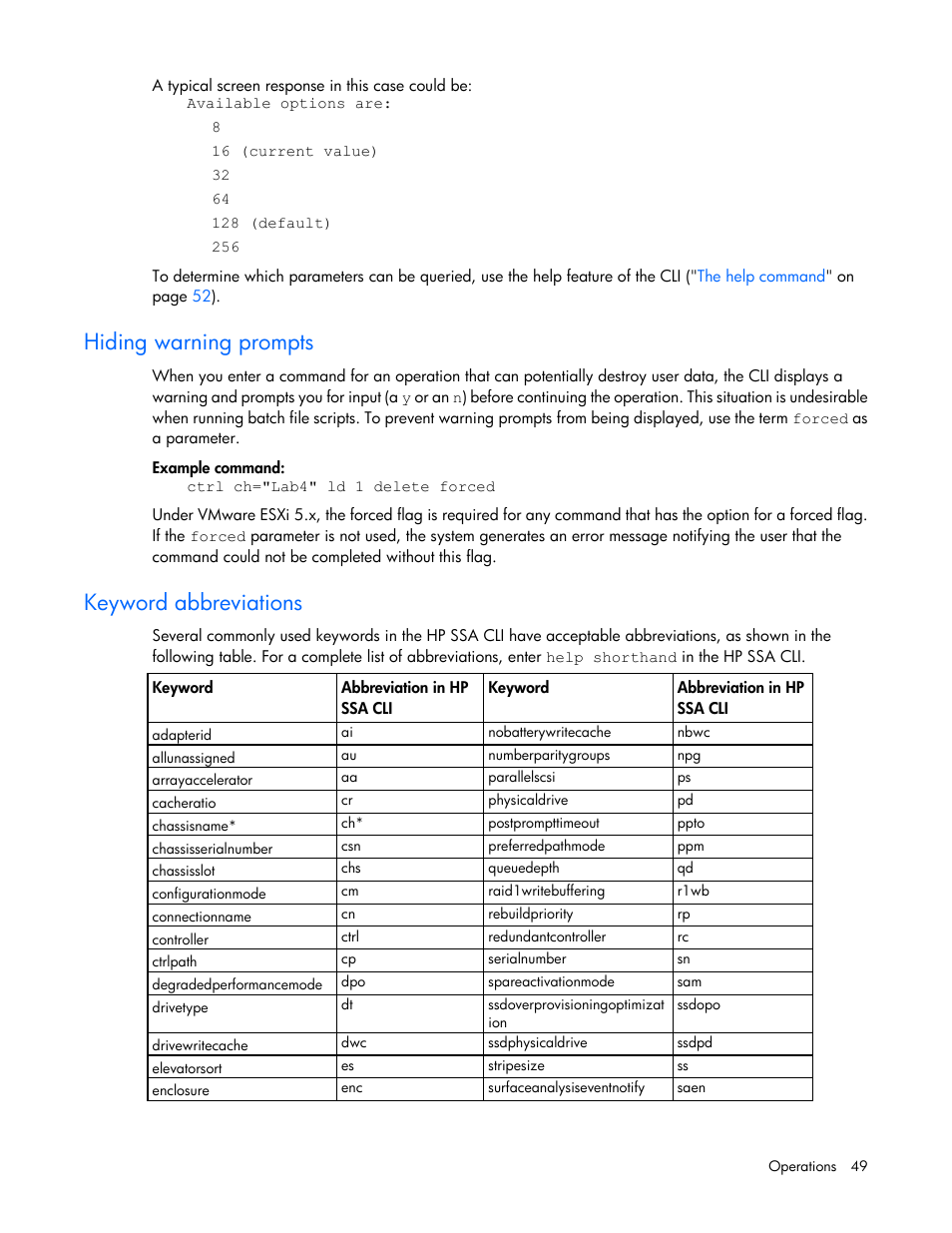 Hiding warning prompts, Keyword abbreviations | HP Smart Storage Administrator User Manual | Page 49 / 127