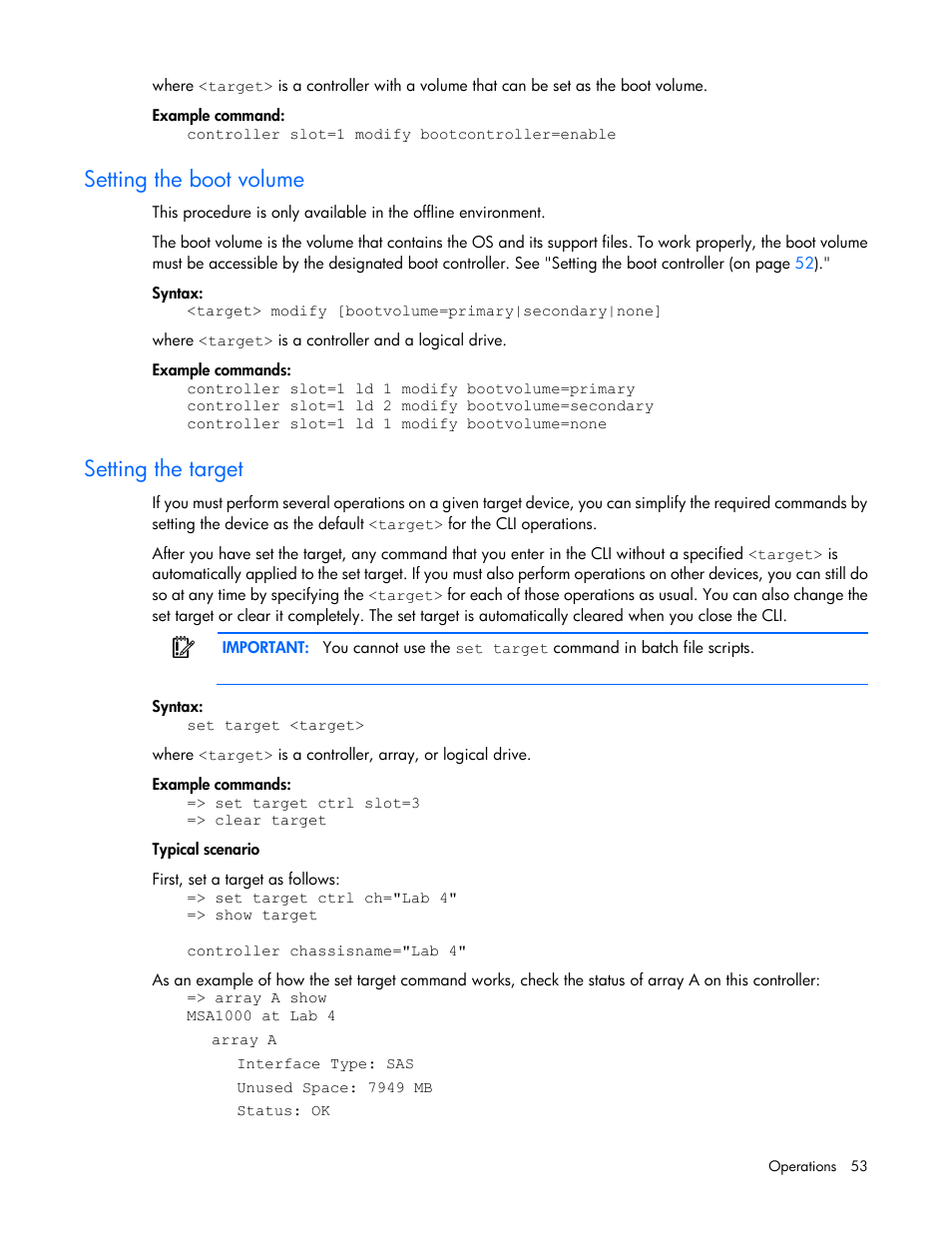 Setting the boot volume, Setting the target | HP Smart Storage Administrator User Manual | Page 53 / 127