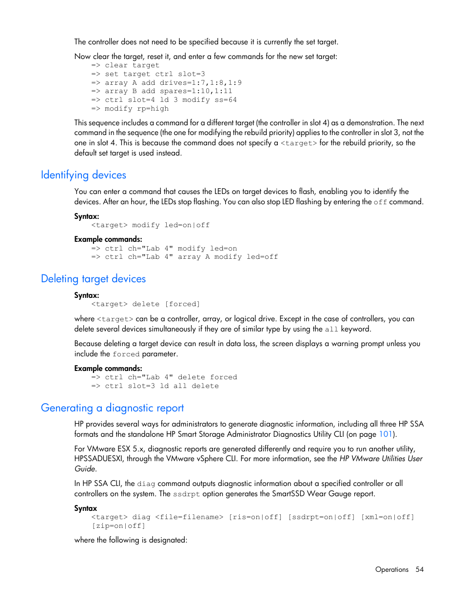 Identifying devices, Deleting target devices, Generating a diagnostic report | HP Smart Storage Administrator User Manual | Page 54 / 127