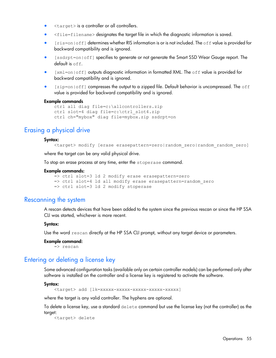 Erasing a physical drive, Rescanning the system, Entering or deleting a license key | HP Smart Storage Administrator User Manual | Page 55 / 127