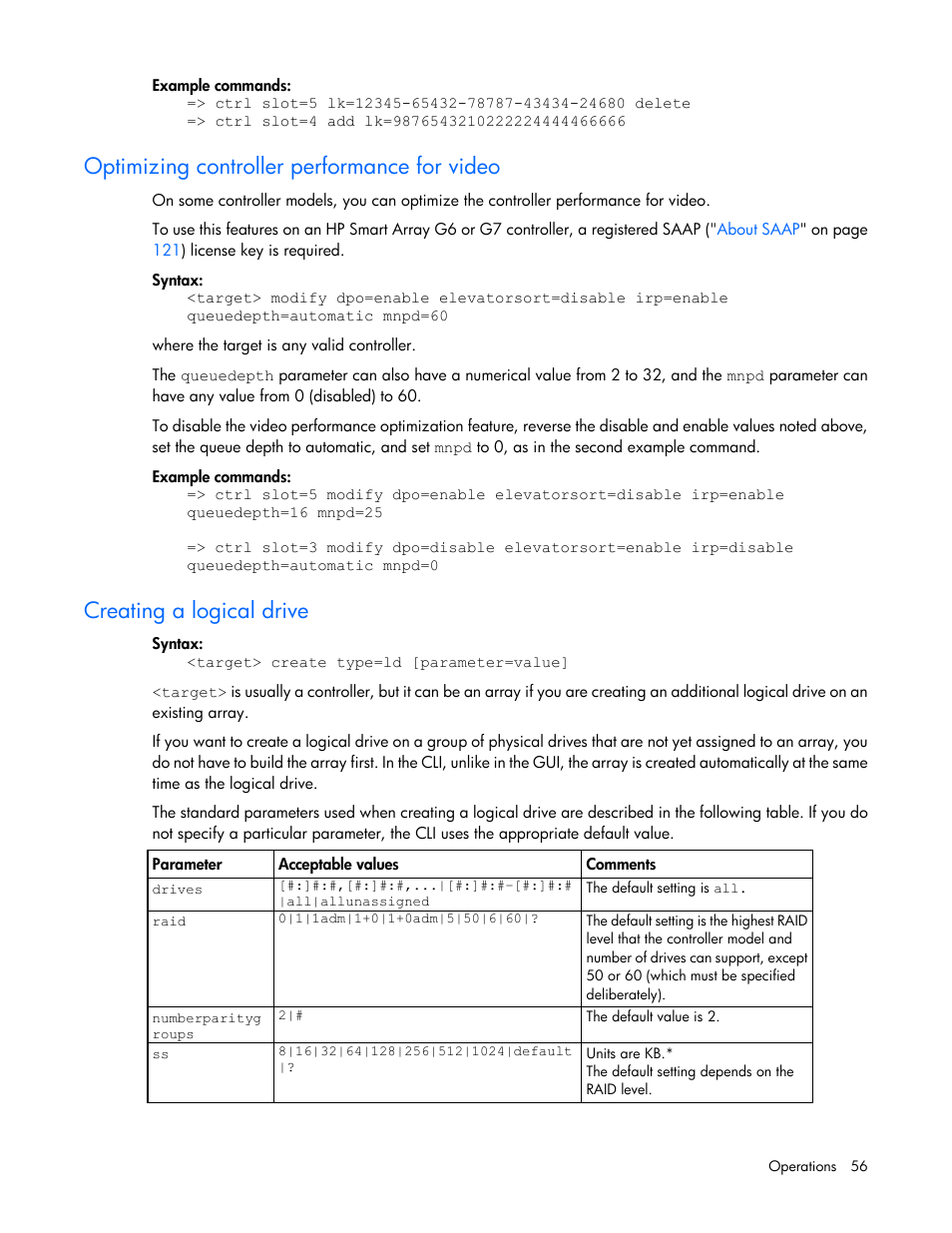 Optimizing controller performance for video, Creating a logical drive | HP Smart Storage Administrator User Manual | Page 56 / 127