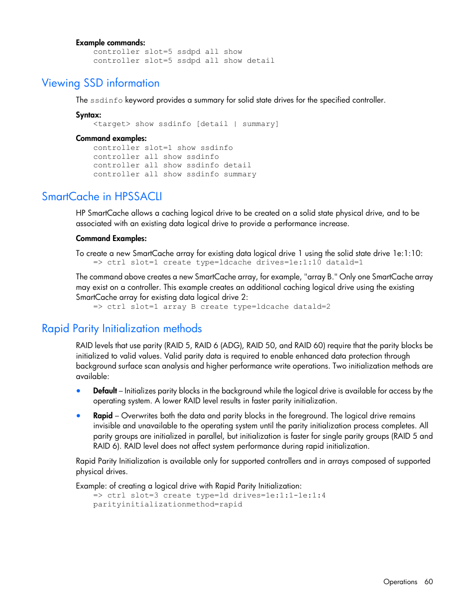 Viewing ssd information, Smartcache in hpssacli, Rapid parity initialization methods | HP Smart Storage Administrator User Manual | Page 60 / 127