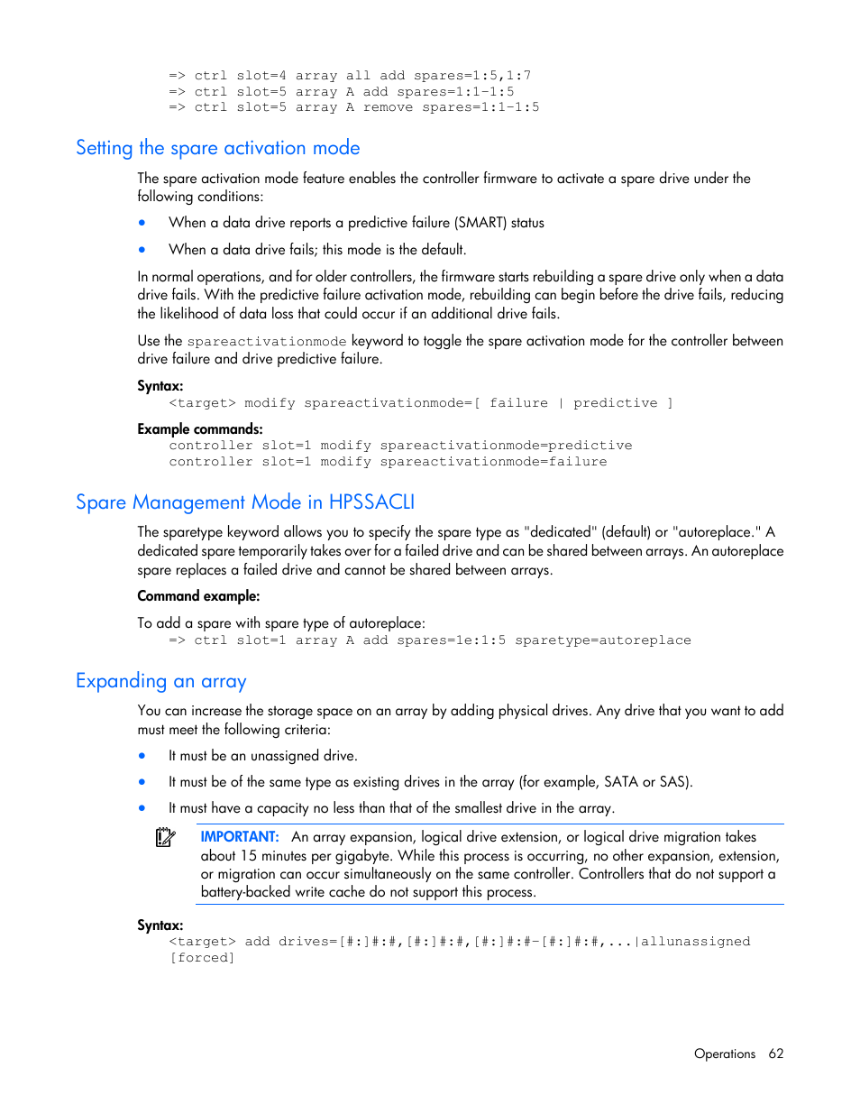 Setting the spare activation mode, Spare management mode in hpssacli, Expanding an array | HP Smart Storage Administrator User Manual | Page 62 / 127