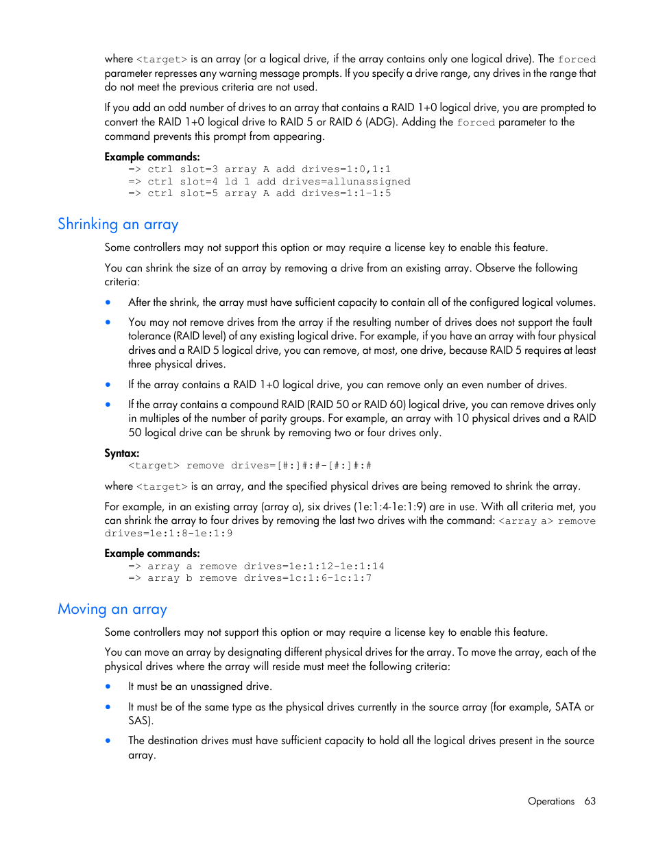 Shrinking an array, Moving an array | HP Smart Storage Administrator User Manual | Page 63 / 127