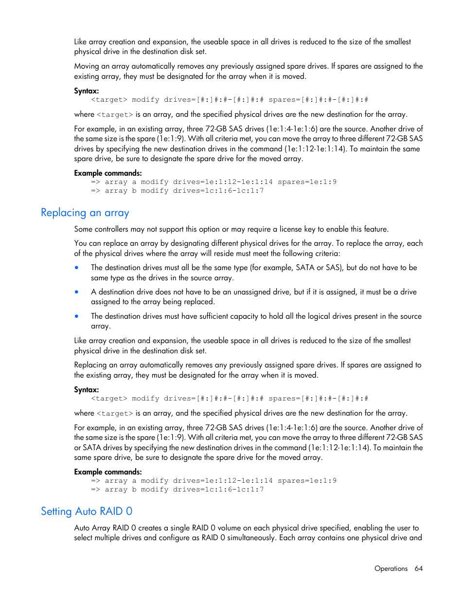 Replacing an array, Setting auto raid 0 | HP Smart Storage Administrator User Manual | Page 64 / 127