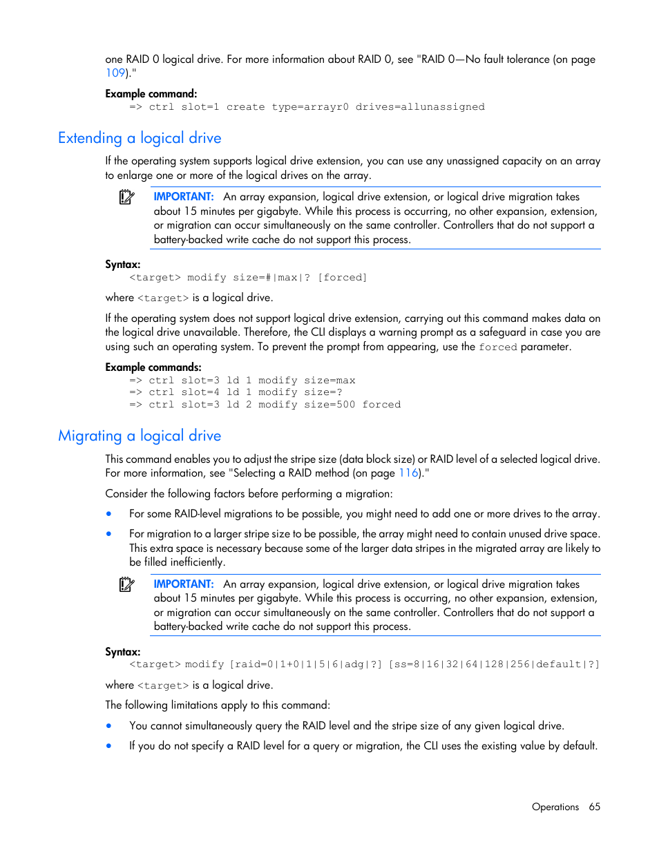 Extending a logical drive, Migrating a logical drive | HP Smart Storage Administrator User Manual | Page 65 / 127