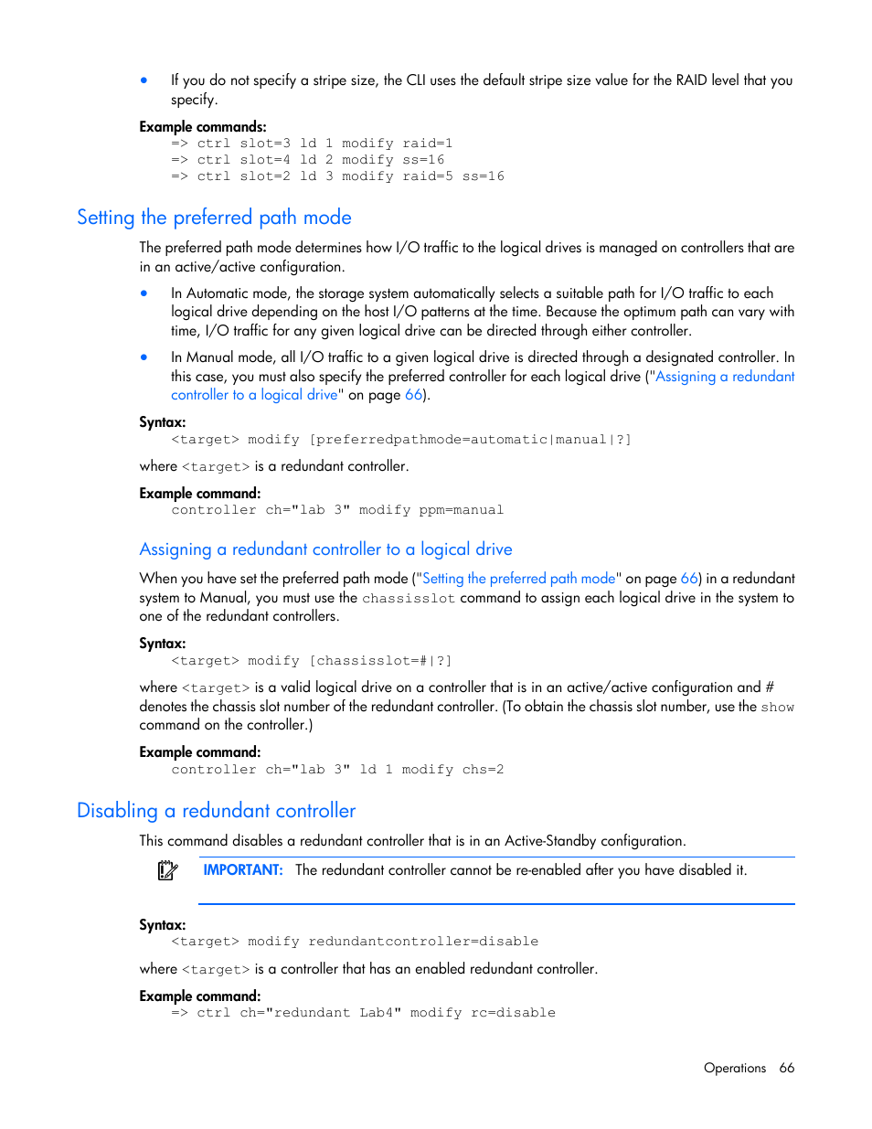 Setting the preferred path mode, Disabling a redundant controller | HP Smart Storage Administrator User Manual | Page 66 / 127