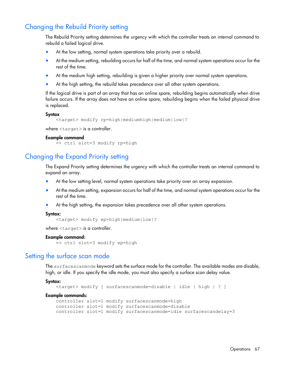 Changing the rebuild priority setting, Changing the expand priority setting, Setting the surface scan mode | HP Smart Storage Administrator User Manual | Page 67 / 127