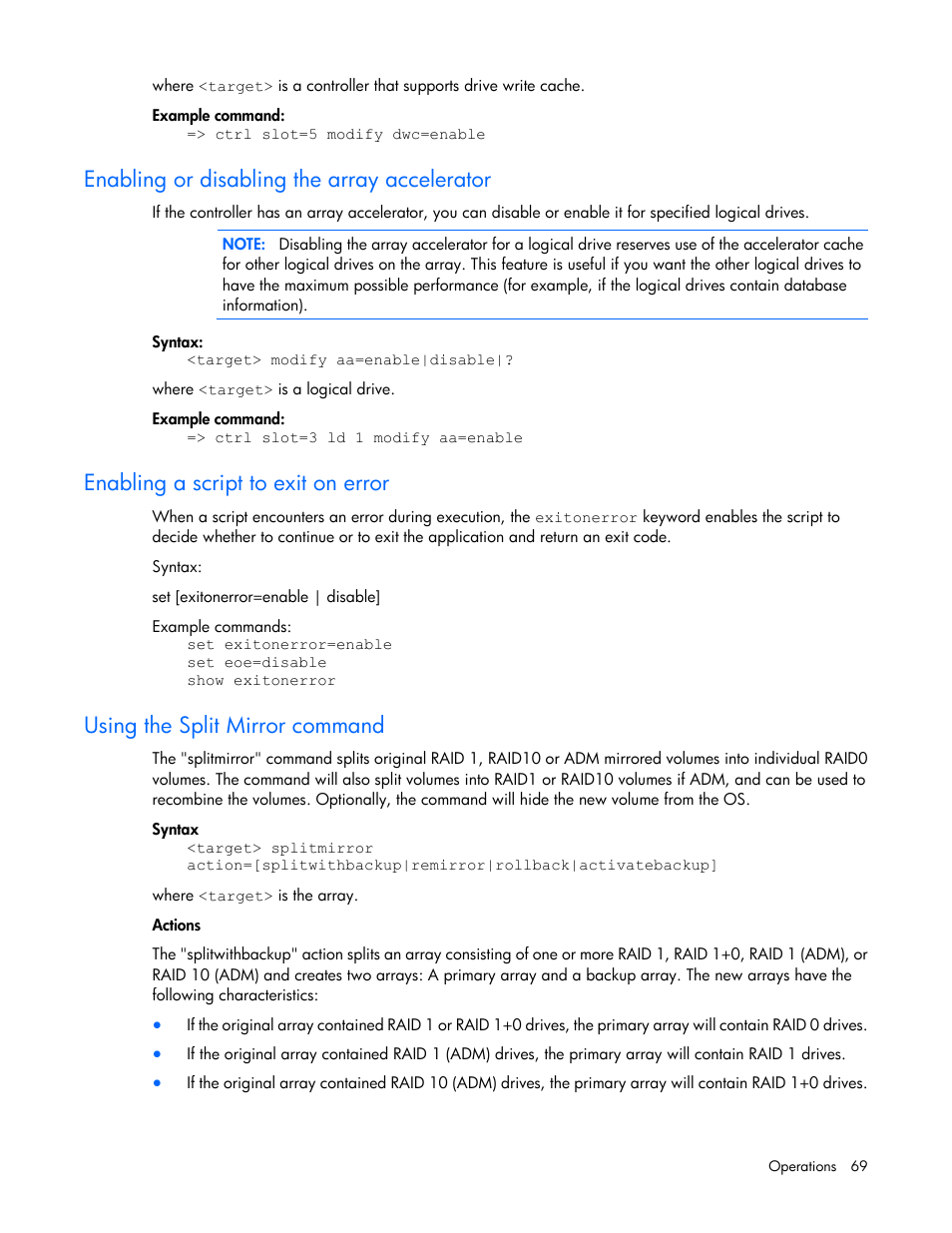 Enabling or disabling the array accelerator, Enabling a script to exit on error, Using the split mirror command | HP Smart Storage Administrator User Manual | Page 69 / 127