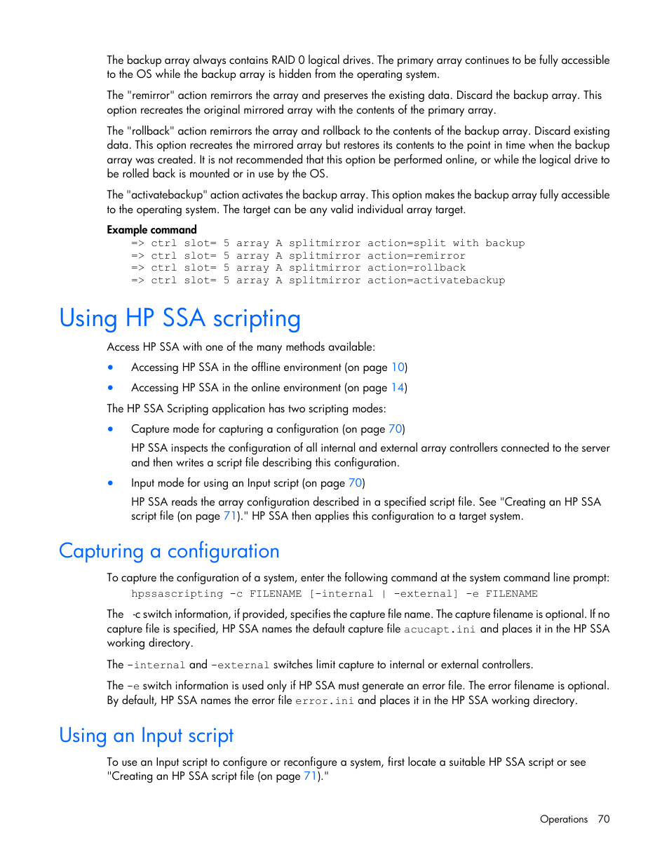 Using hp ssa scripting, Capturing a configuration, Using an input script | HP Smart Storage Administrator User Manual | Page 70 / 127
