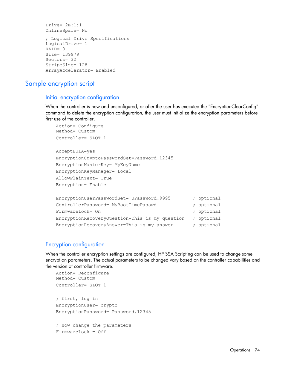 Sample encryption script, Initial encryption configuration, Encryption configuration | HP Smart Storage Administrator User Manual | Page 74 / 127
