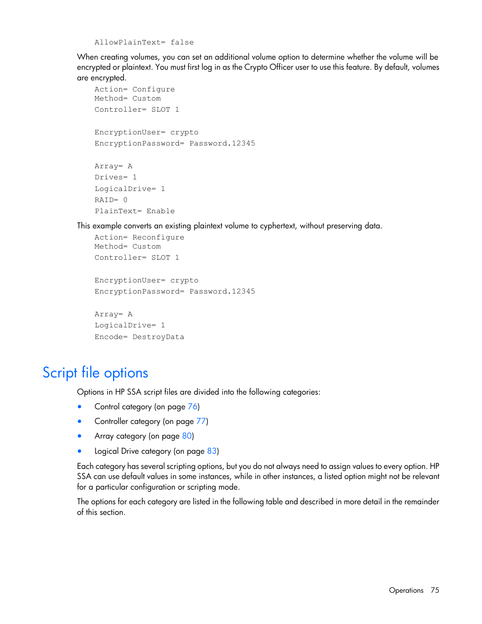 Script file options | HP Smart Storage Administrator User Manual | Page 75 / 127