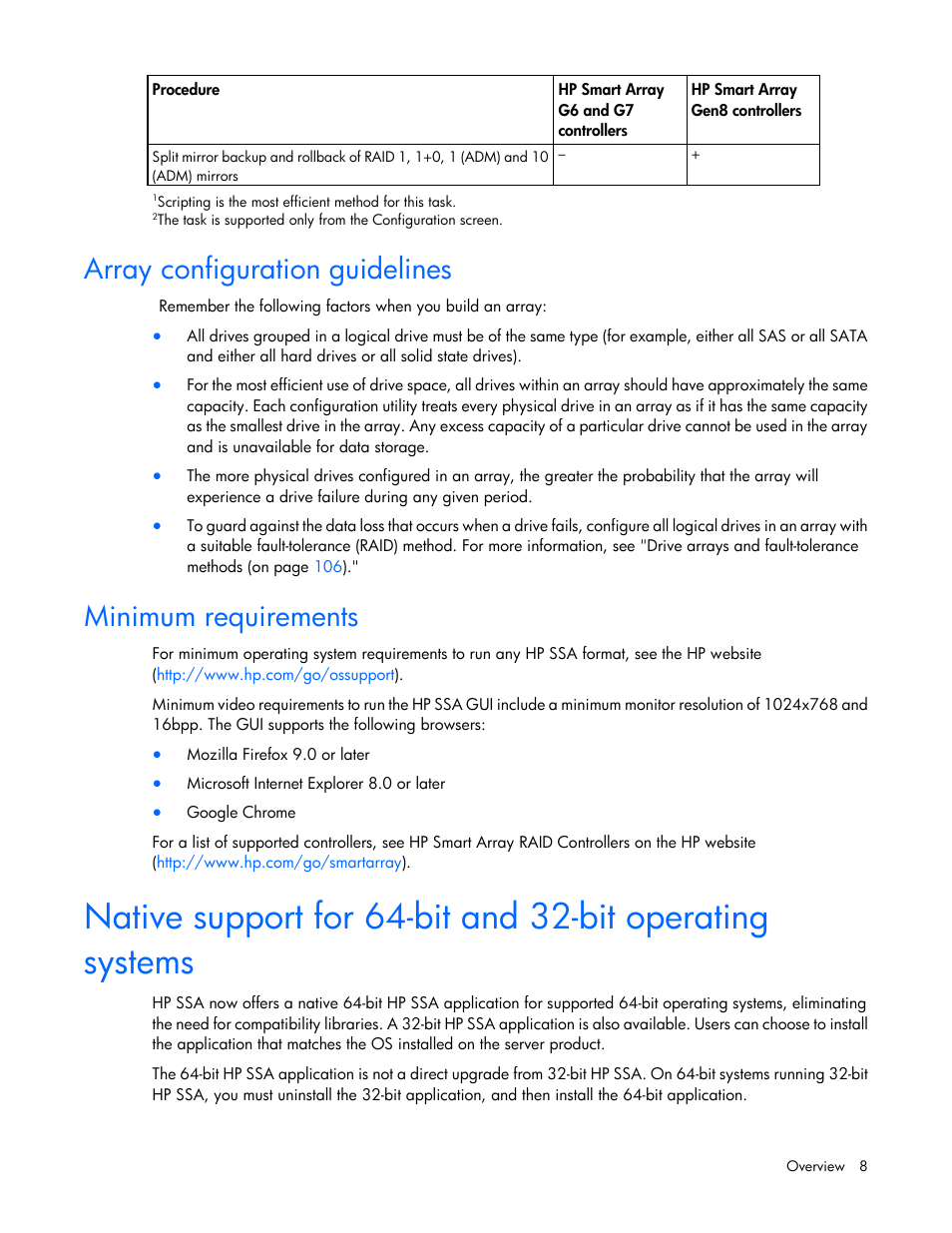 Array configuration guidelines, Minimum requirements | HP Smart Storage Administrator User Manual | Page 8 / 127