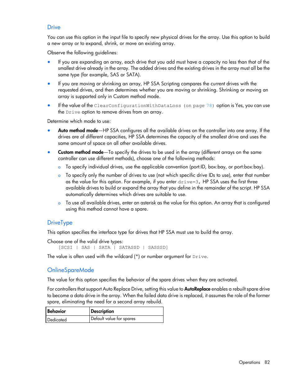 Drive, Drivetype, Onlinesparemode | HP Smart Storage Administrator User Manual | Page 82 / 127