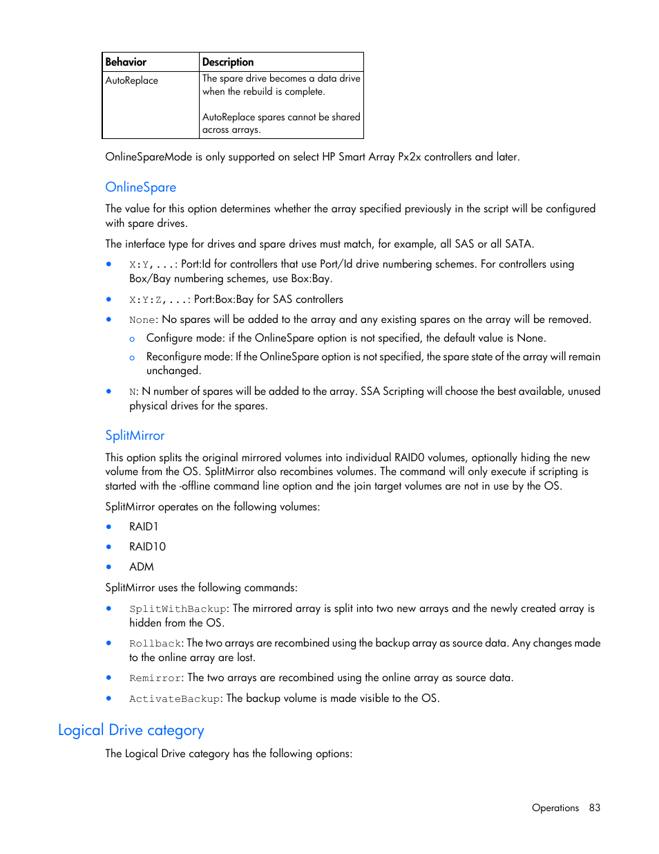 Onlinespare, Splitmirror, Logical drive category | HP Smart Storage Administrator User Manual | Page 83 / 127