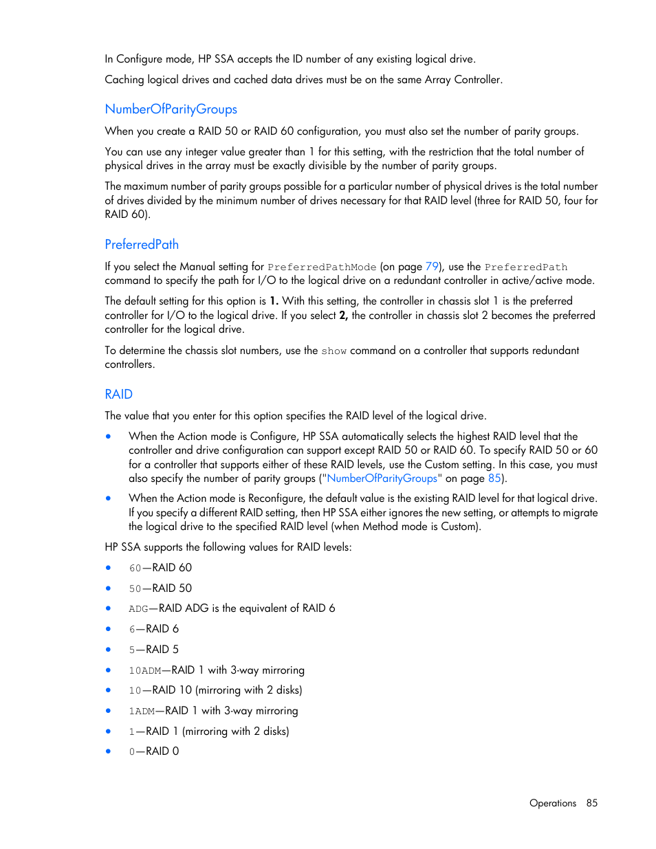 Numberofparitygroups, Preferredpath, Raid | HP Smart Storage Administrator User Manual | Page 85 / 127