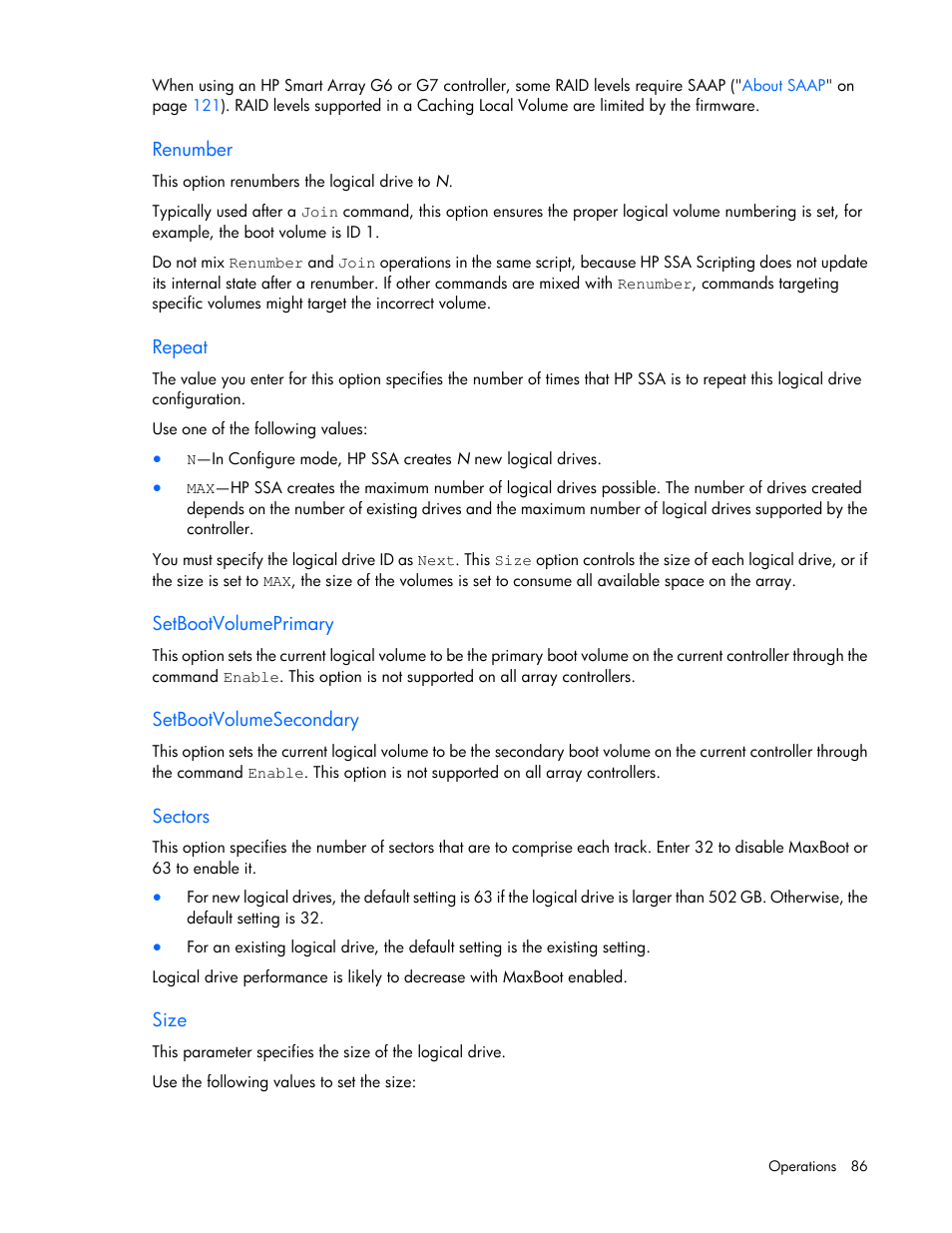 Renumber, Repeat, Setbootvolumeprimary | Setbootvolumesecondary, Sectors, Size | HP Smart Storage Administrator User Manual | Page 86 / 127