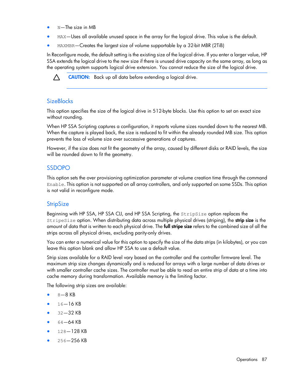 Sizeblocks, Ssdopo, Stripsize | HP Smart Storage Administrator User Manual | Page 87 / 127