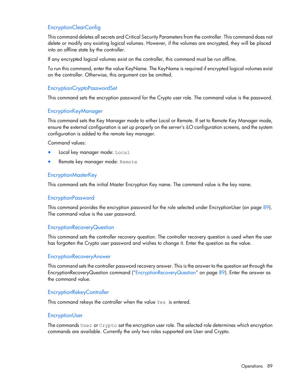 Encryptionclearconfig, Encryptioncryptopasswordset, Encryptionkeymanager | Encryptionmasterkey, Encryptionpassword, Encryptionrecoveryquestion, Encryptionrecoveryanswer, Encryptionrekeycontroller, Encryptionuser | HP Smart Storage Administrator User Manual | Page 89 / 127