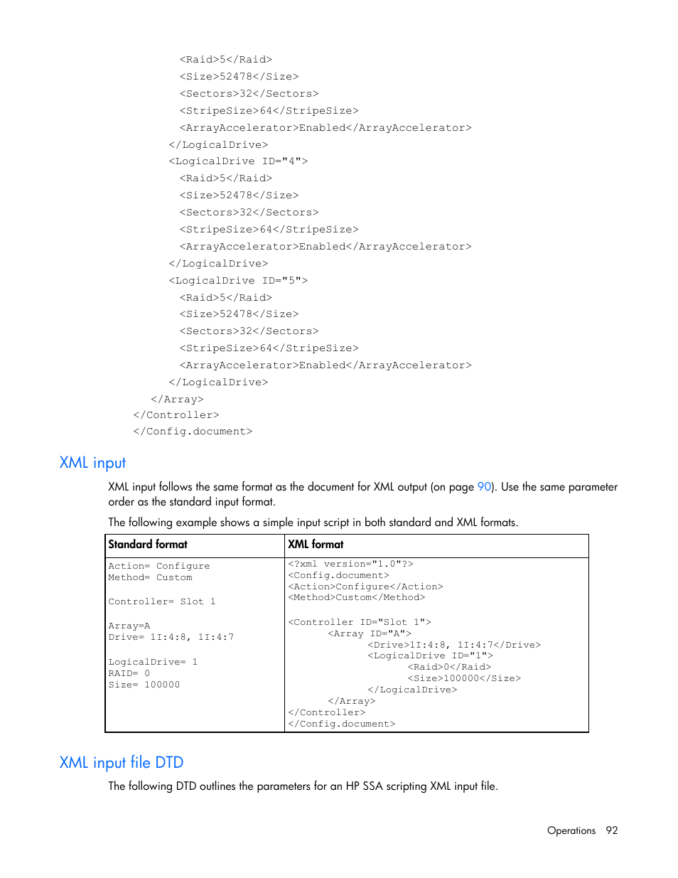 Xml input, Xml input file dtd | HP Smart Storage Administrator User Manual | Page 92 / 127