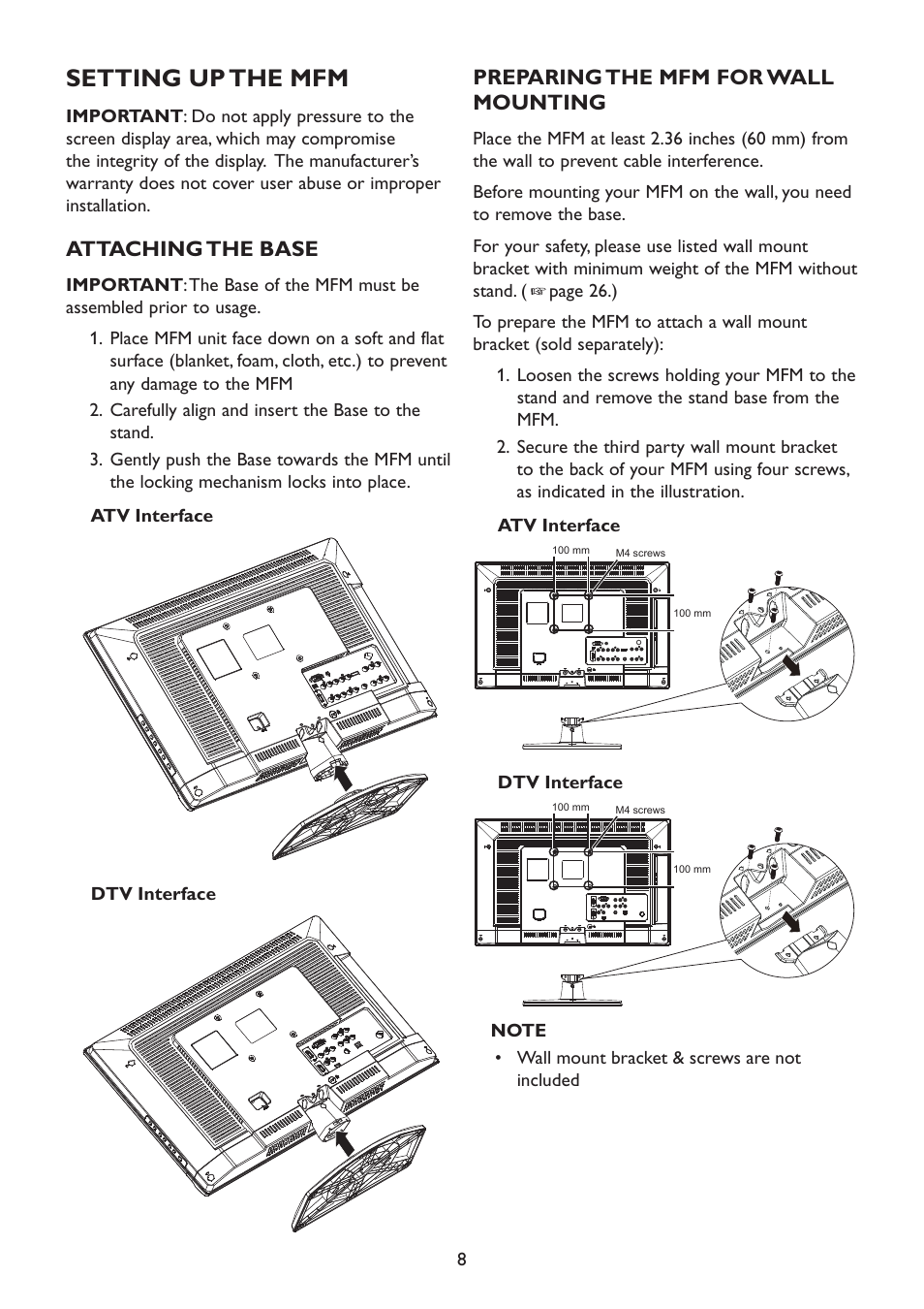 Setting up the mfm, Attaching the base, Preparing the mfm for wallmounting | Preparing the mfm for wall mounting | HP 2310mfd 23 inch Diagonal LCD Monitor User Manual | Page 10 / 40