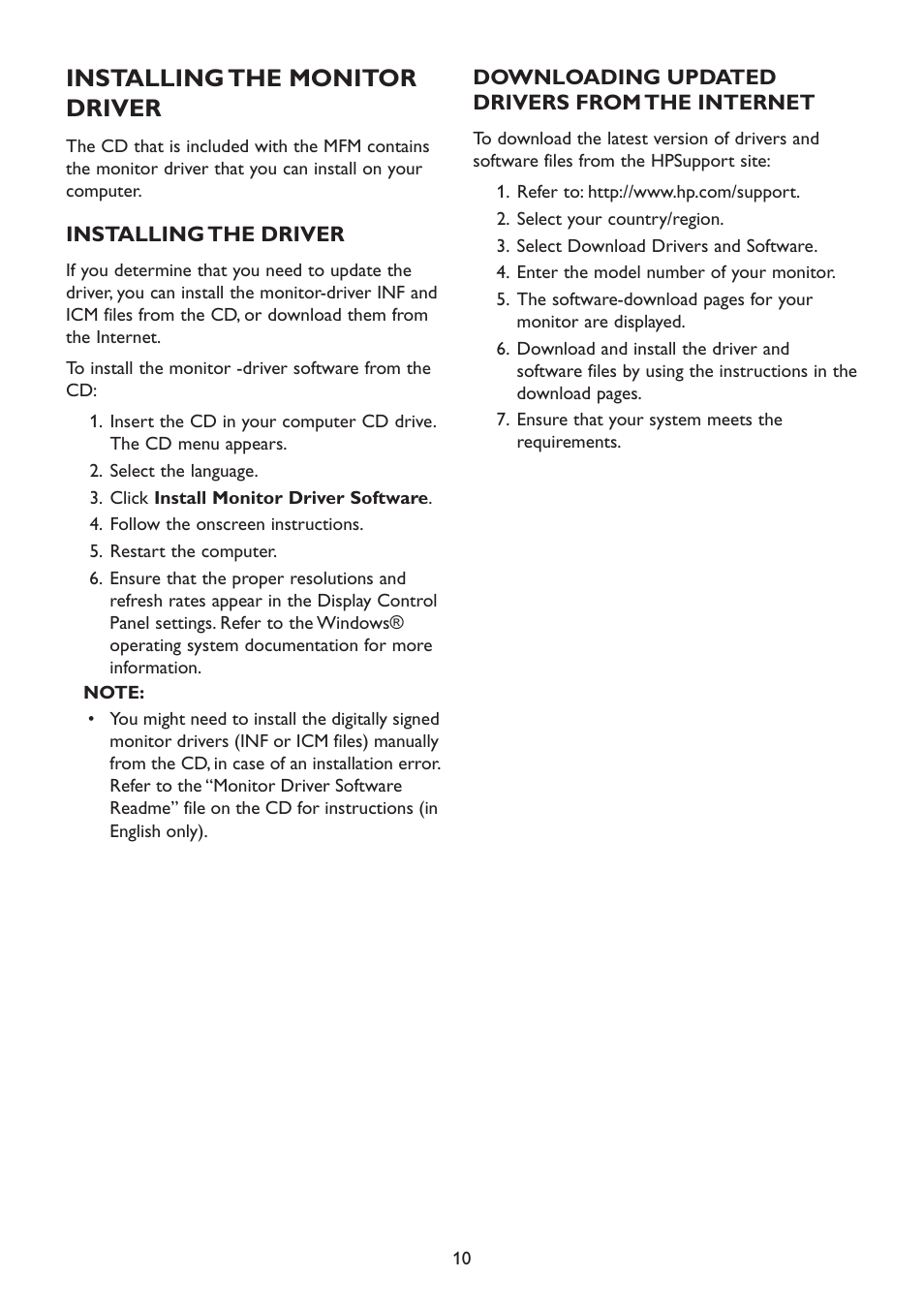 Installing the monitor driver, Installing the driver, Downloading updated drivers from the internet | HP 2310mfd 23 inch Diagonal LCD Monitor User Manual | Page 12 / 40