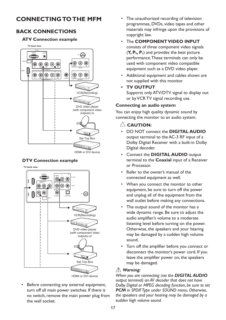 Connecting to the mfm, Back connections, Atv connection example | Dtv connection example | HP 2310mfd 23 inch Diagonal LCD Monitor User Manual | Page 19 / 40