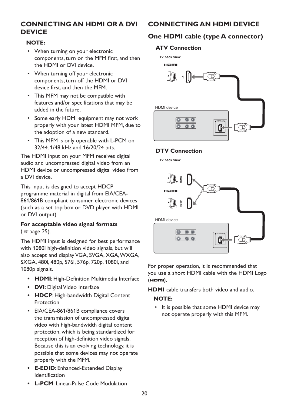 Connecting an hdmi or a dvi device, Connecting an hdmi device | HP 2310mfd 23 inch Diagonal LCD Monitor User Manual | Page 22 / 40