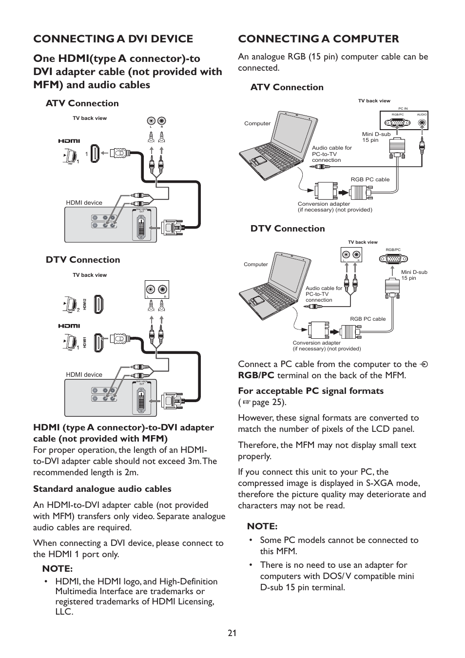 Connecting a dvi device, Connecting a computer, Dtv connection | Atv connection | HP 2310mfd 23 inch Diagonal LCD Monitor User Manual | Page 23 / 40