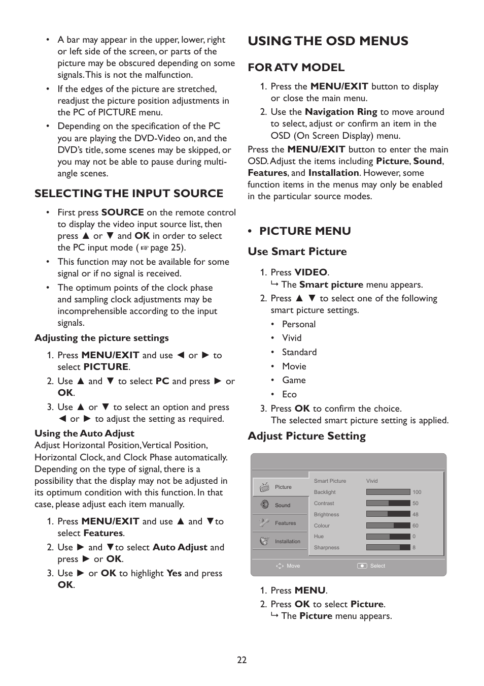 Selecting the input source, Using the osd menus, For atv model | Picture menu, Picture menu • use smart picture, Adjust picture setting | HP 2310mfd 23 inch Diagonal LCD Monitor User Manual | Page 24 / 40