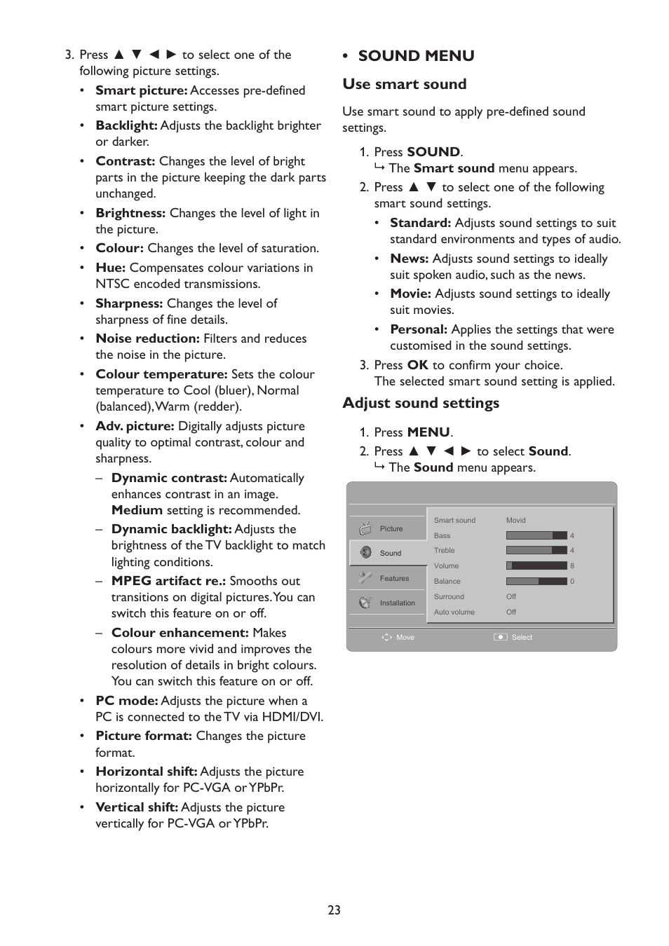 Sound menu, Sound menu • use smart sound, Adjust sound settings | HP 2310mfd 23 inch Diagonal LCD Monitor User Manual | Page 25 / 40