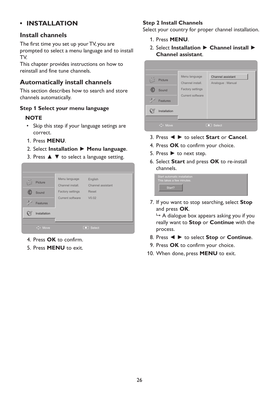Installation, Installation • install channels, Automatically install channels | HP 2310mfd 23 inch Diagonal LCD Monitor User Manual | Page 28 / 40
