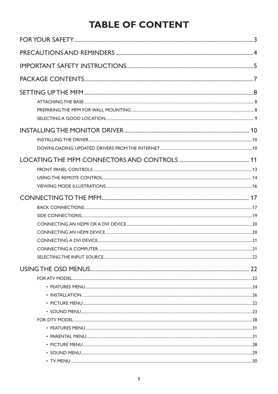 Table of content, Installing the monitor driver, Locating the mfm connectors and controls | Connecting to the mfm, Using the osd menus | HP 2310mfd 23 inch Diagonal LCD Monitor User Manual | Page 3 / 40