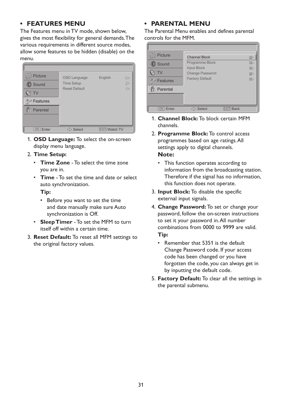 Features menu, Parental menu | HP 2310mfd 23 inch Diagonal LCD Monitor User Manual | Page 33 / 40