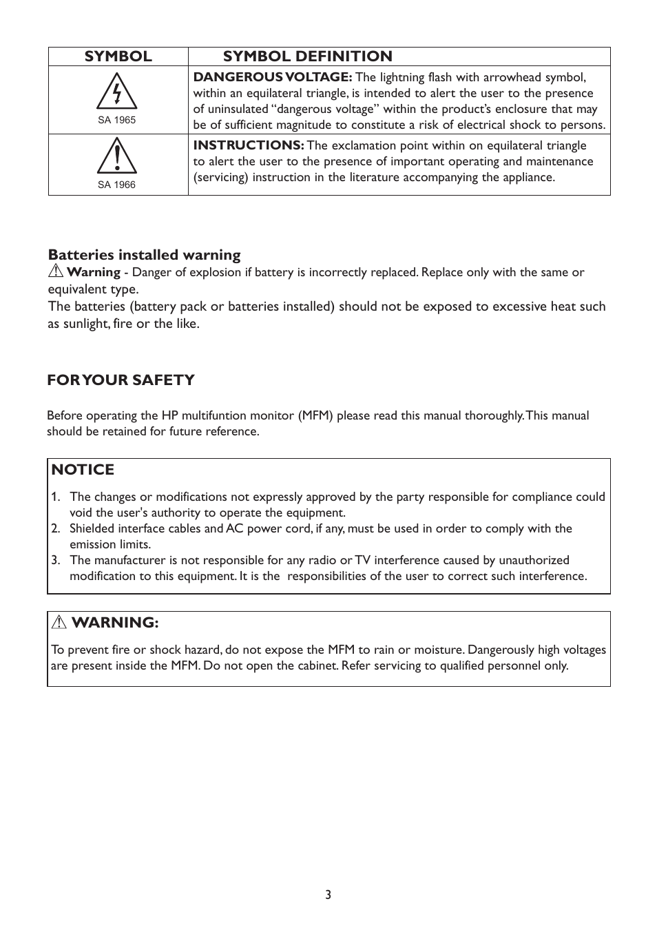 For your safety | HP 2310mfd 23 inch Diagonal LCD Monitor User Manual | Page 5 / 40