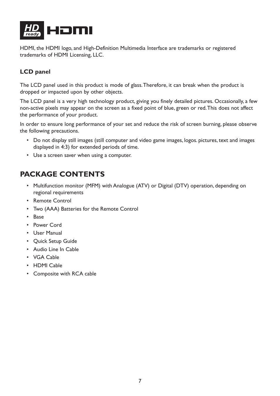 Package contents | HP 2310mfd 23 inch Diagonal LCD Monitor User Manual | Page 9 / 40